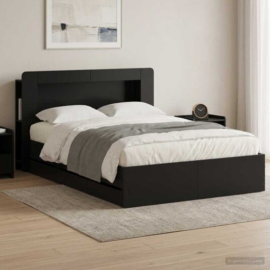 Sengeramme med oppbevaring Svart 150 x 200 cm Konstruert tre Sengeramme med oppbevaring Svart 150 x 200 cm Konstruert tre