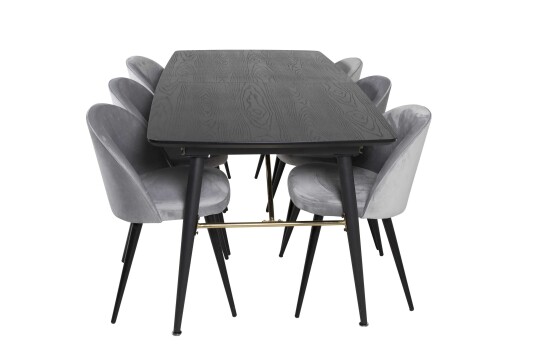 Venture Design Black Veneer & Velvet spisegruppe Svart/grå 6 st stoler & bord 180 x 85 cm