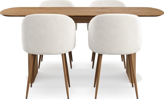 Richeto spisegruppe 180 cm med 4 Greya spisestoler med armlener - Naturlig finish / hvit bouclé