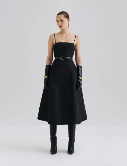 Malina Calista Exaggerated Hip Midi Dress   Black   38