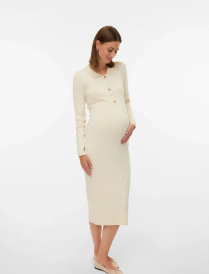 Mamalicious Mlnewsiv Lia L/S Midi Dress 2F Noos   Cream   L