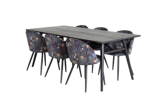 Sleek spisegruppe spisebord uttrekksbord lengde cm 195 / 280 svart og 6 Velvet spisestuestoler velour blomstret.
