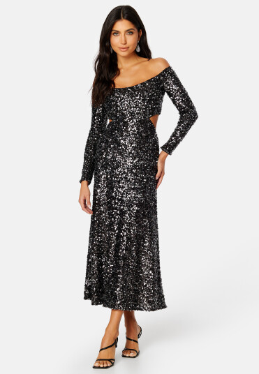 FOREVER NEW Farrah Sequin Cut Out Back Dress Black 42