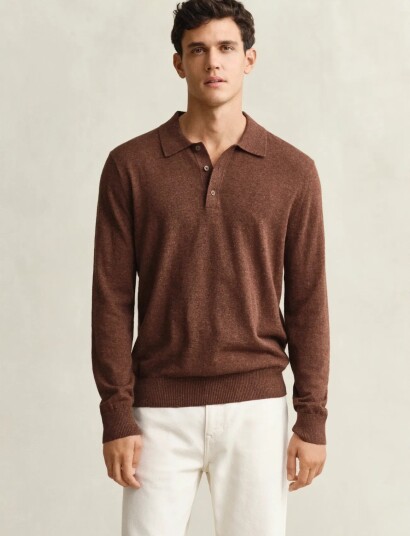 GANT Slub Cotton Linen Polo Brown L