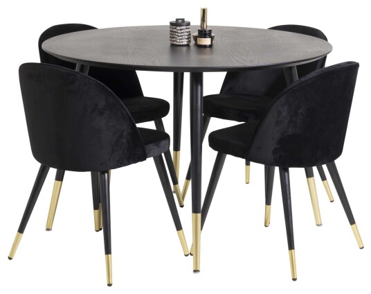 Venture Design Dipp & Velvet spisegruppe Svart/svart 4 st stoler & bord 115 cm