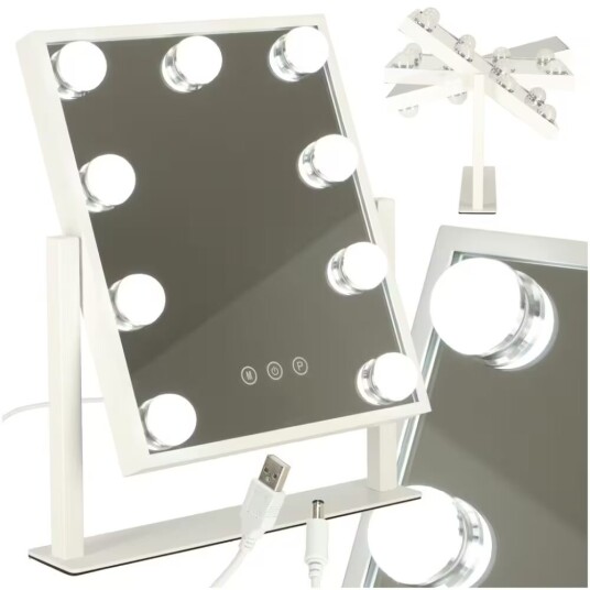 LED sminkespeil med USB-pærer 25x30cm