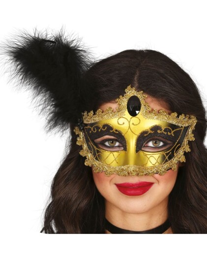 Svart/Gullfarget Maske med Fjær Svart/Gullfarget Maske med Fjær