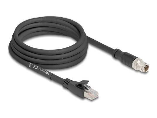 Delock Nettverkskabel 8 Pin M12-X Hann Til Rj-45 Hann 3 M 6.8 Mm S/Ftp Cat 5E X-Coded Flexible Svart