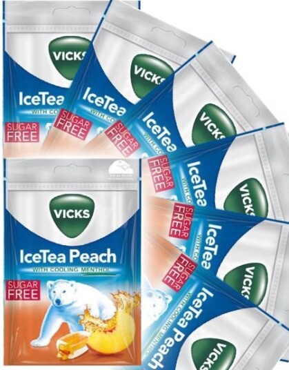 20 Vicks Pastiller med Ice Tea Peach Smak og Menthol Sukkerfri   Hel Eske 1,44 kg
