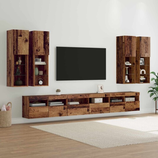 TV vegghyllesett Veggmontert 7 pcs Gamle tre Konstruert tre TV vegghyllesett Veggmontert 7 pcs Gamle tre Konstruert tre