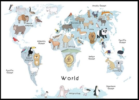 Illustrated Map of the World with Cute Animals Poster Plakat / 50x70cm Illustrated Map of the World with Cute Animals Poster Plakat / 50x70cm
