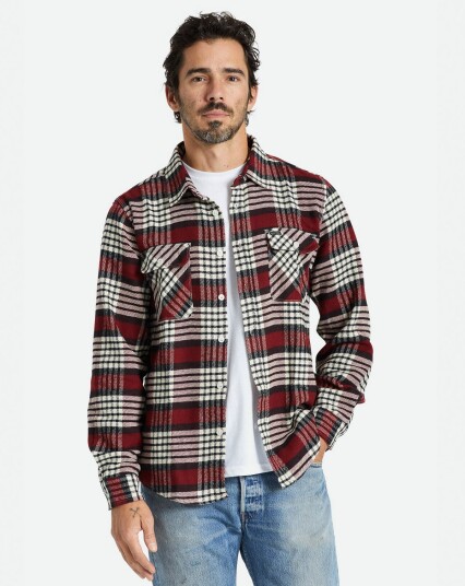 Brixton Bowery L/S Flannel Hvit, Rød