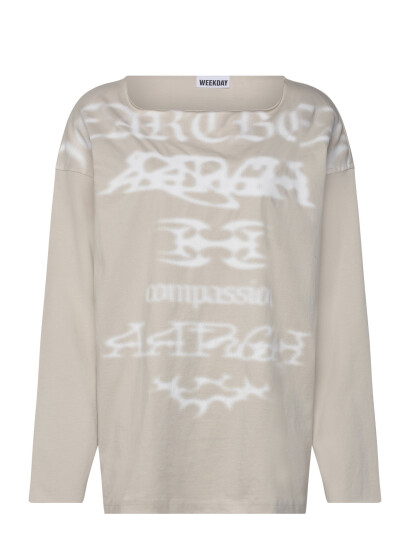 Weekday Long-Sleeved Boat-Neck Printed Cotton Top - Beige - XS