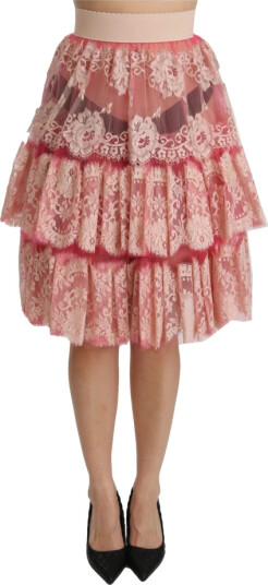 Dolce & Gabbana Pink Lace Layered High Waist Knee Length Skirt Rosa XS Dolce & Gabbana Pink Lace Layered High Waist Knee Length Skirt Rosa XS