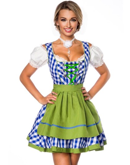 Rutete Blått og Hvitt Tradisjonelt Oktoberfest Kostyme med Grønne Partier Rutete Blått og Hvitt Tradisjonelt Oktoberfest Kostyme med Grønne Partier