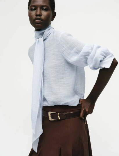 Mango Textured Blouse With Foulard - Blue - XL Mango Textured Blouse With Foulard - Blue - XL