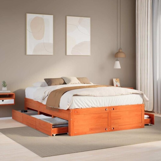 Sengeramme uten madrass med skuffer brun 150x200 cm heltre furu 8721158382429 Sengeramme uten madrass med skuffer brun 150x200 cm heltre furu 8721158382429