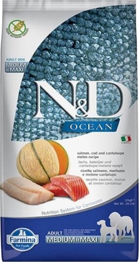 Farmina Adult N&D Ocean Dog Salmon Cod Cantaloupe Melon Medium&Maxi Tørfoder Til Hunde 12 kg