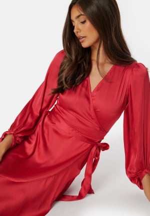 Bubbleroom Occasion Wrap Frill L/S Satin Dress Red XL