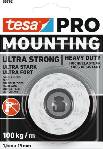 Tesa Pro Ultra Strong Dobbeltsidig Monteringsbånd 19 mm x 1,5 m Hvit