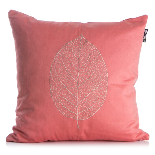 Enjoy Design Pute Roma korall med brodert blad i grått 50x50cm