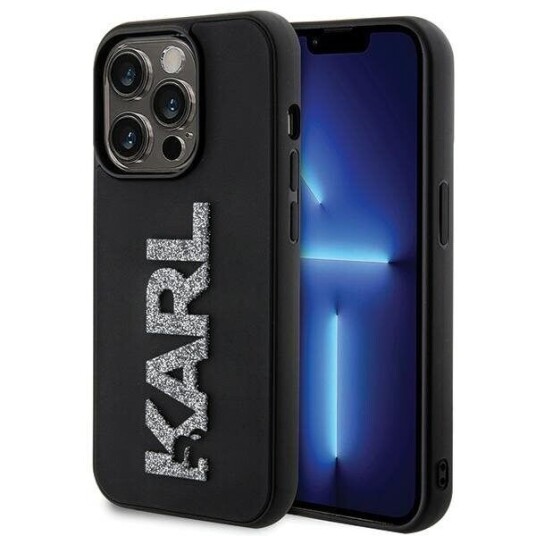 Karl Lagerfeld 3D Gummideksel til iPhone 15 Pro Max med Glitterlogo - Svart