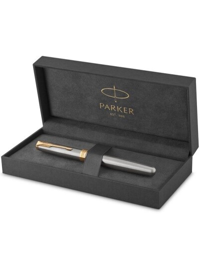 Parker Sonnet Rollerball Pen  Stainless Steel with Gull Trim  Fine Point Svart Ink  Gift Box