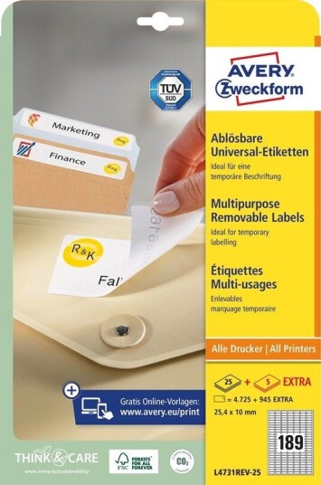 Avery Avtagbare flerbruksetiketter , Til alle skrivere, 25,4 x 10 mm, Hvit Avery Avtagbare flerbruksetiketter , Til alle skrivere, 25,4 x 10 mm, Hvit