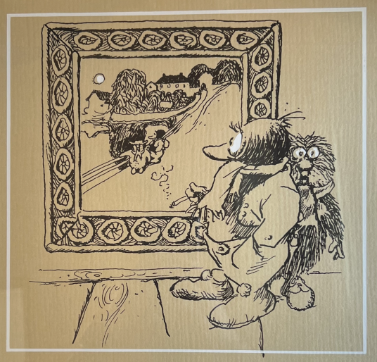 Huset Aukrust Solan og Ludvig studerer guttene på broen Vintage tegning Huset Aukrust Solan og Ludvig studerer guttene på broen Vintage tegning