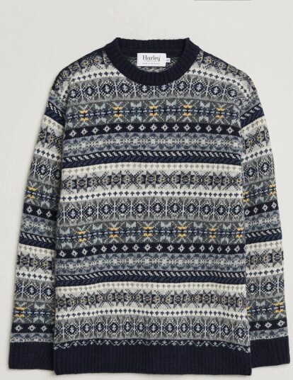Harley Of Scotland Supersoft 2ply Lambswool Fairisle Crew Navy Harley Of Scotland Supersoft 2ply Lambswool Fairisle Crew Navy