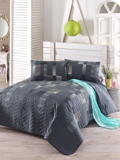 Eponj Home Sengeteppe Enkelt 160x220+Putetrekk Quiltet Antrasitt/Svart/Hvit