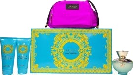 Versace Pour Femme Dylan Turquoise Gavesett med Eau de Toilette 100ml, Dusjgelé 100ml, Kroppsgelé 100ml og Rosa Bag Versace Pour Femme Dylan Turquoise Gavesett med Eau de Toilette 100ml, Dusjgelé 100ml, Kroppsgelé 100ml og Rosa Bag