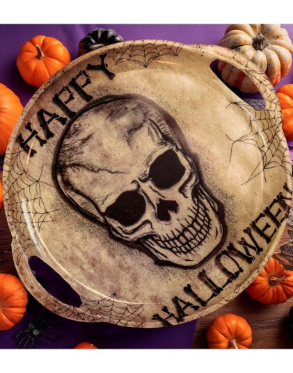 "Happy Halloween" Serveringsfat i Hardplast med Hodeskalle og Spindelvev 30x33 cm