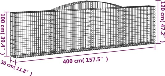 vidaXL Gabionkurv buet 400x30x100/120 cm galvanisert jern