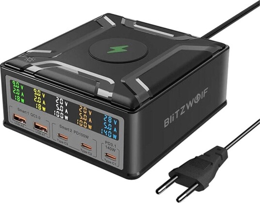 BlitzWolf BW-S28 260W Trådløs Lader med 2xUSB-A og 3xUSB-C - Svart BlitzWolf BW-S28 260W Trådløs Lader med 2xUSB-A og 3xUSB-C - Svart