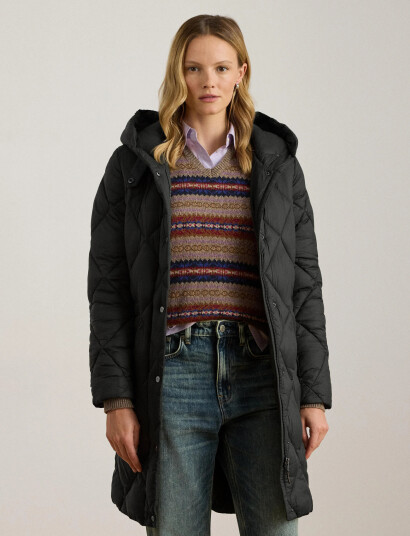 Lauren Ralph Lauren Hooded Diamond-Quilted Down Coat Black L