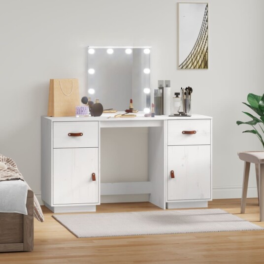 vidaXL Sminkebordsett med LED hvit heltre furu vidaXL Sminkebordsett med LED hvit heltre furu