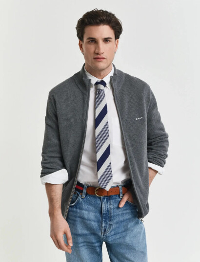 GANT Cotton Pique Zip Cardigan   Grey   XXXL