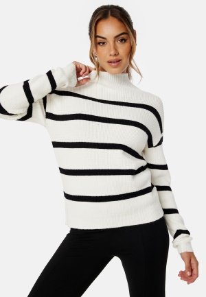 VILA Ril Mockneck L/S Knit Rib Top White Alyssum Stripes:BLACK M