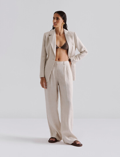Malina Yana Tailored Wide Linen Pants - Beige - 40