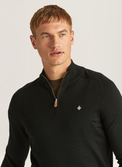 Morris stockholm merino john zip svart genser i ull ullgenser herre half zip / glidelås merinoull xxl