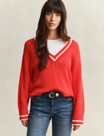 GANT Contrast Cotton V Neck Red XL