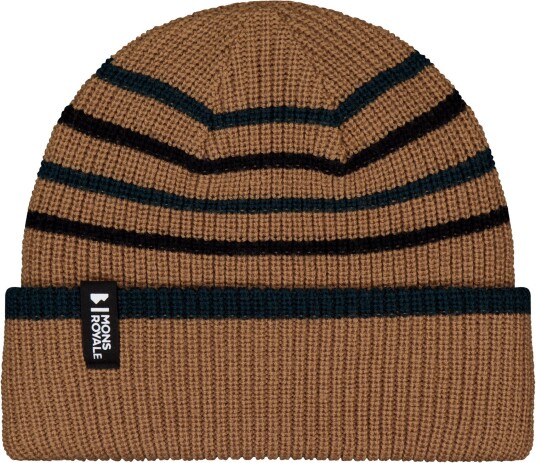 Mons Royale Stripey Merino Beanie Tan/dark Pine/black One Size