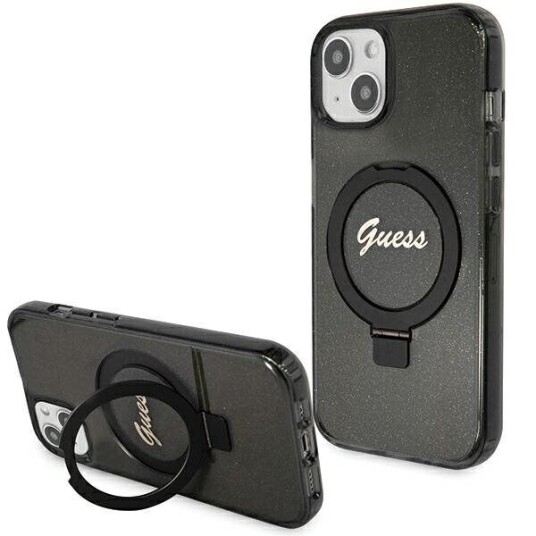 Originalt Frontpaneldeksel Guess Guhmp15mhrsgsk For Iphone 15 Plus (Magsafe / Glitter Script-Logo / Ringstativ / Svart)