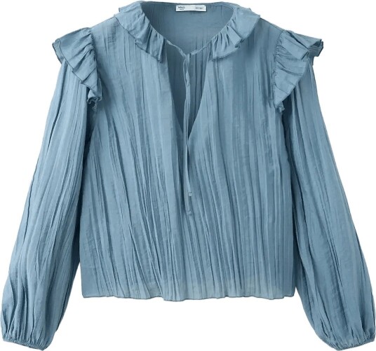 Mango Teen Pleated Blouse With Ruffles   Blue   XXS