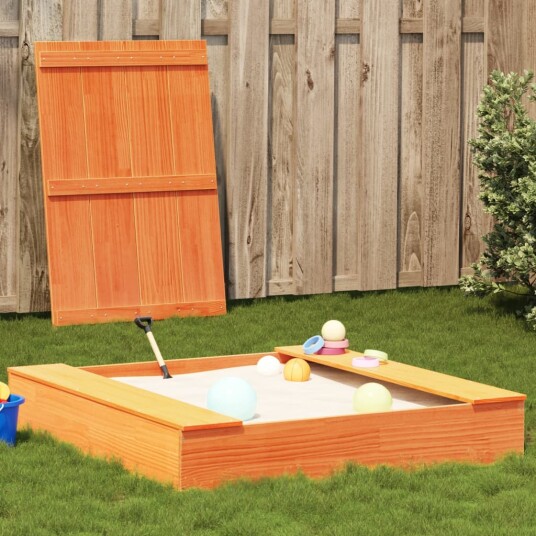 Vidaxl Sandkasse med lokk voksbrun 111x111x19,5 cm heltre furu