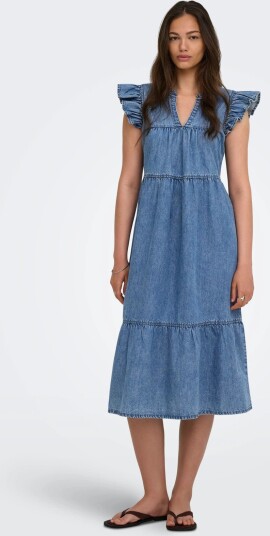 ONLY Onlshania S/L Frill Midi Dnm Dress Akm Blue XS ONLY Onlshania S/L Frill Midi Dnm Dress Akm Blue XS