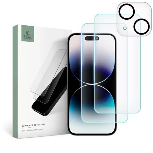 Tech-Protect iPhone 15 Tech-Protect Supreme Beskyttelsessett m. 2 x Skjermbeskyttelse og Kameralinsebeskyttelse - Gjennomsiktig