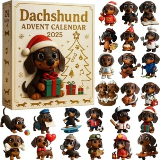Dachshund julekalender 2025 24 stk. nydelig 2D akryl dachshund anheng nedtellingskalender [YJD]