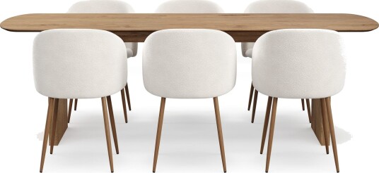 Richeto spisegruppe 240 cm med 6 Greya spisestoler med armlener - Røkt eik/Hvit bouclé